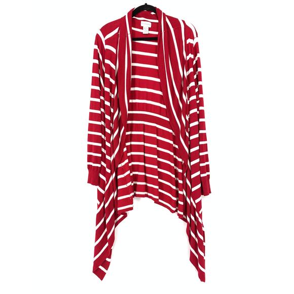 Soft Surroundings Cardigan Sweater Women's Sz L Red Long Sleeve Stripe Waterfall - Picture 1 of 7